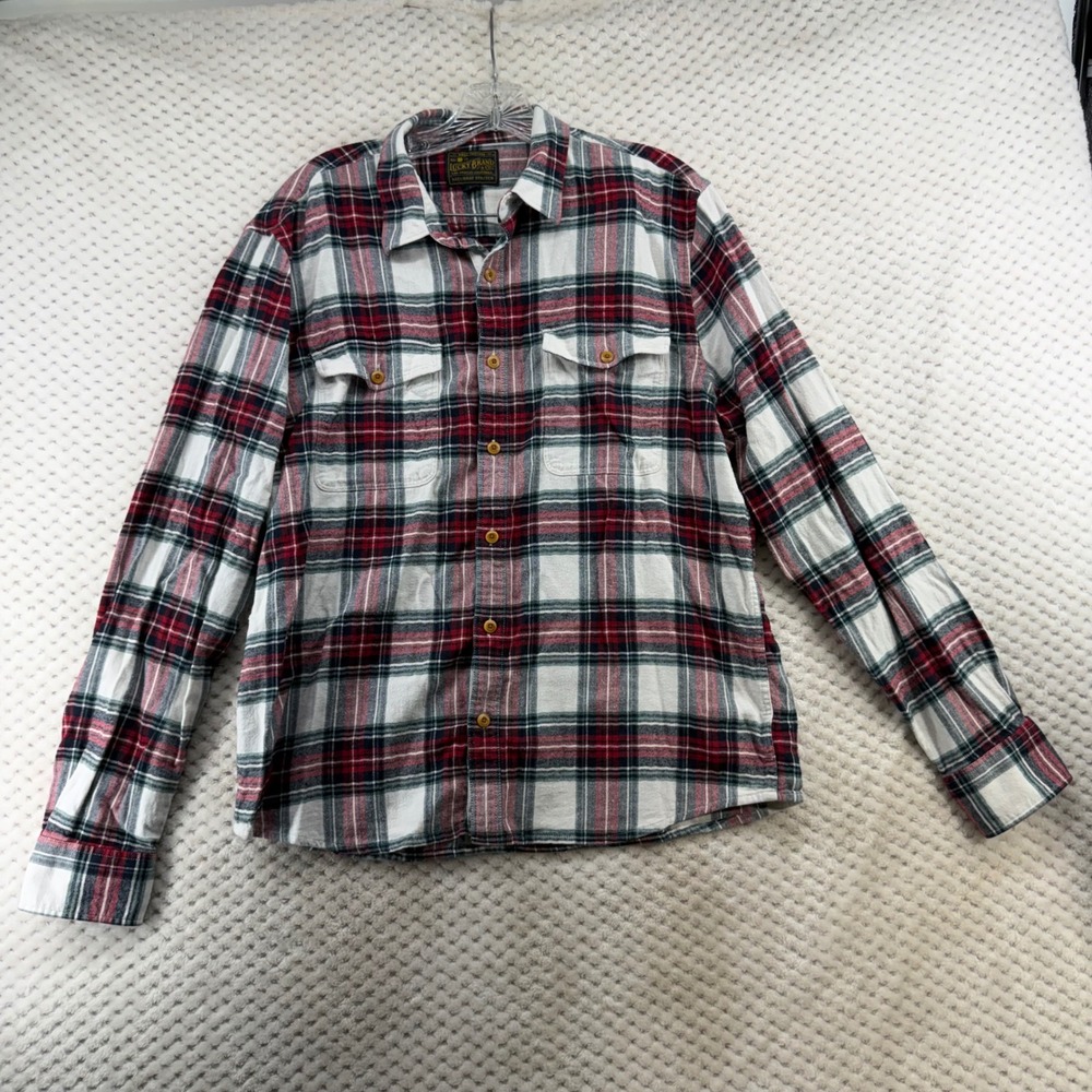 Lucky Brand Flannel Shirt Mens L Red White Plaid Saturday Stretch Long Sleeve - Picture 2 of 9